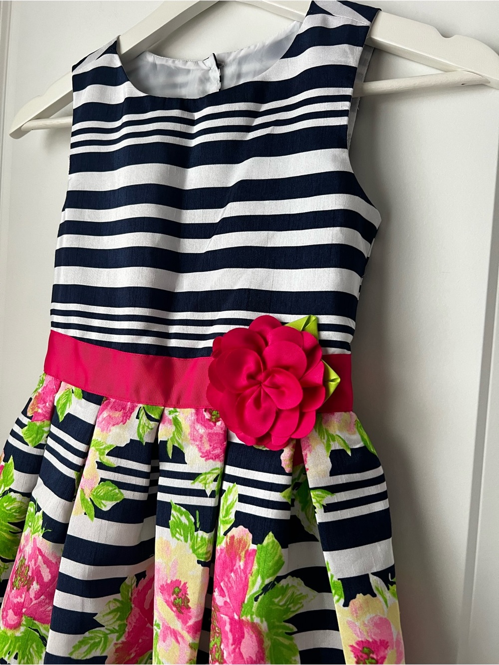 Tona Michelle Navy and White Striped Dress with Hot Pink Floral Waistband